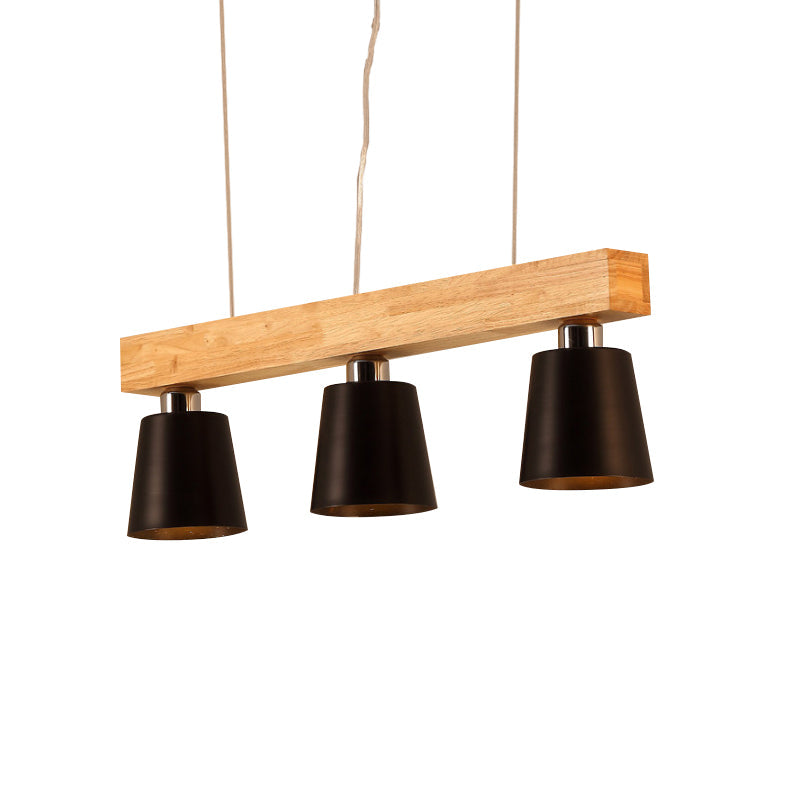 Modern Tapered Indoor Ceiling Light - 3 Heads Black/White Island Lighting With Wooden Beam