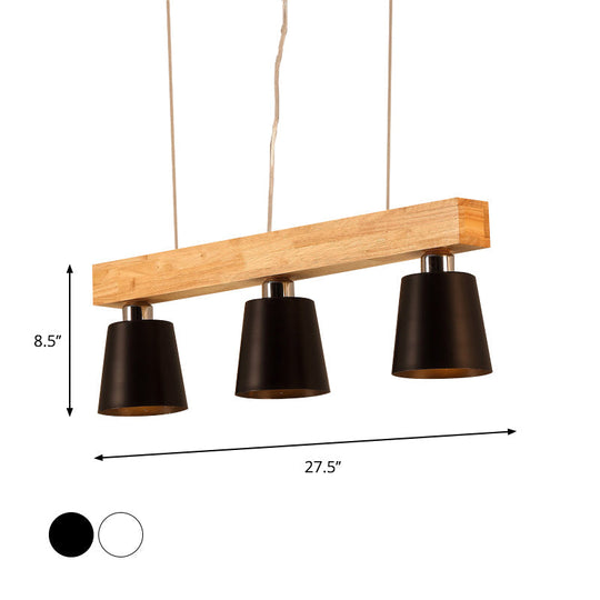 Modern Tapered Indoor Ceiling Light - 3 Heads Black/White Island Lighting With Wooden Beam