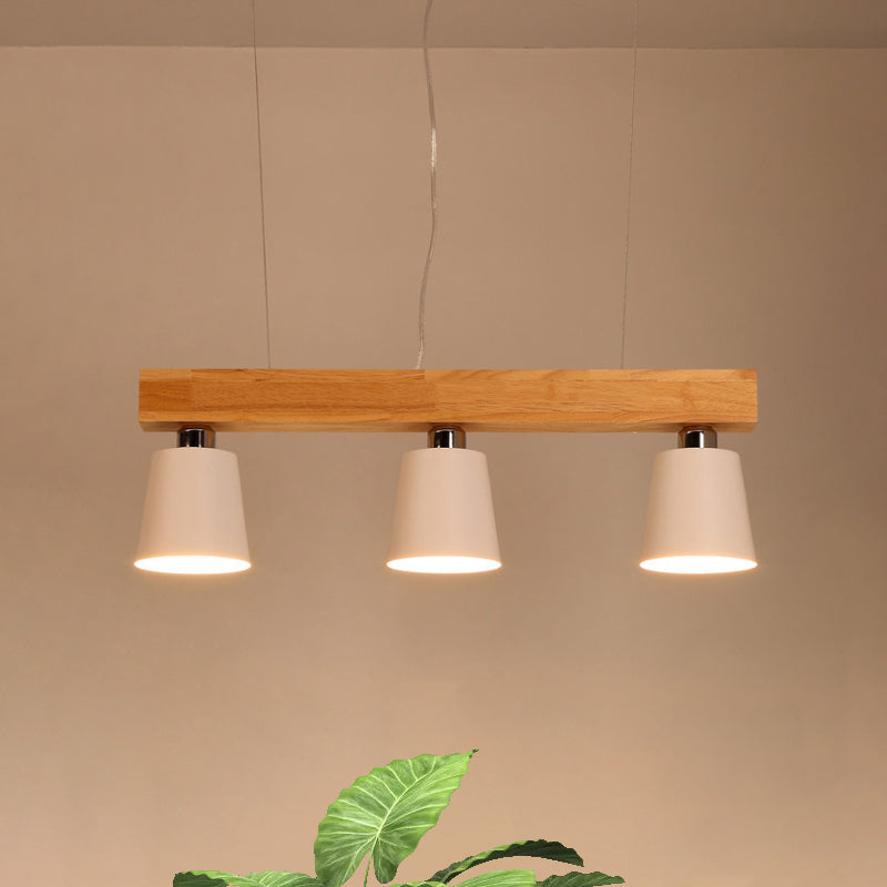 Modern Tapered Indoor Ceiling Light - 3 Heads Black/White Island Lighting With Wooden Beam