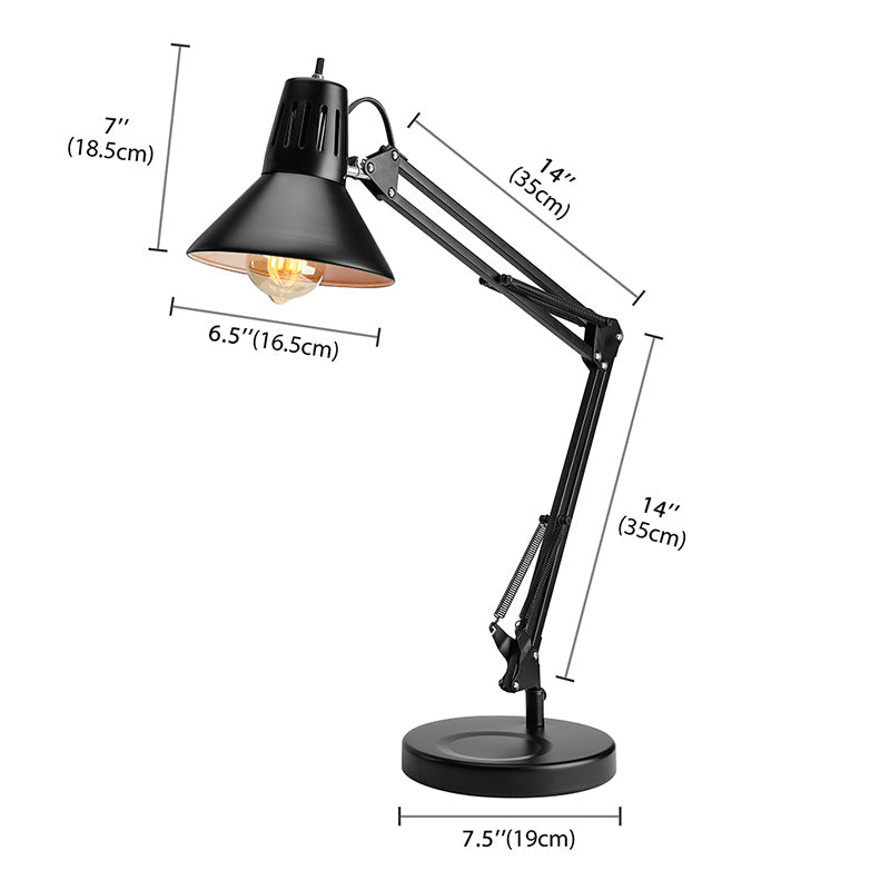 Adjustable Arm Metallic Black Reading Light With Conic Shade - 1 Bulb Industrial Style Desk Lamp