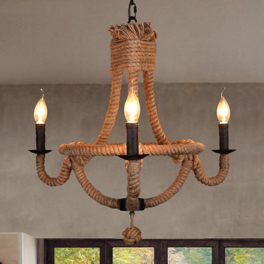 Country Style Black Metal Chandelier With Rope Detail - 3-Light Candle Pendant Light