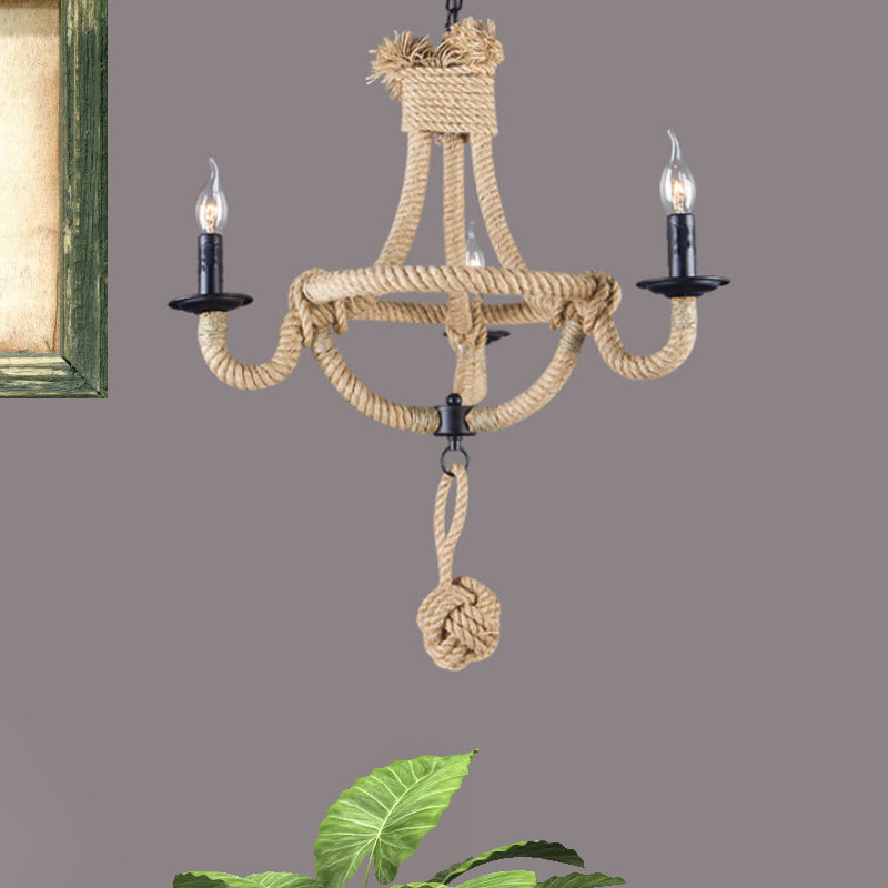 Country Style Black Metal Chandelier with 3 Candle Lights and Rope Detail