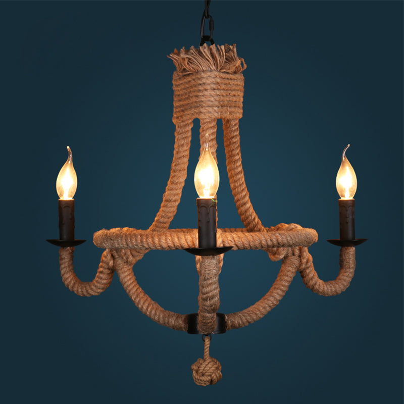 Country Style Black Metal Chandelier With Rope Detail - 3-Light Candle Pendant Light