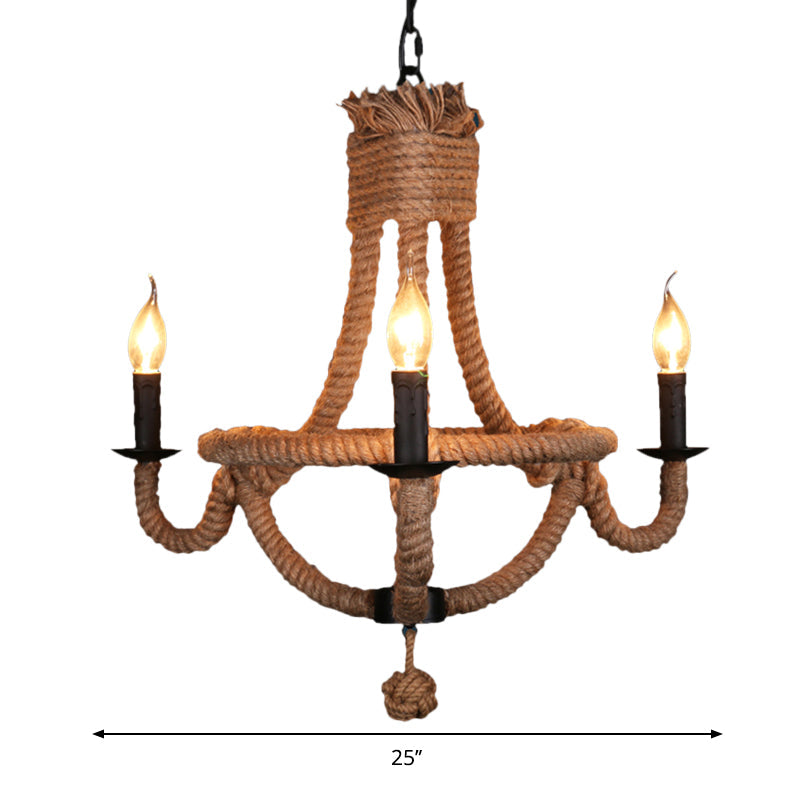 Country Style Black Metal Chandelier with 3 Candle Lights and Rope Detail