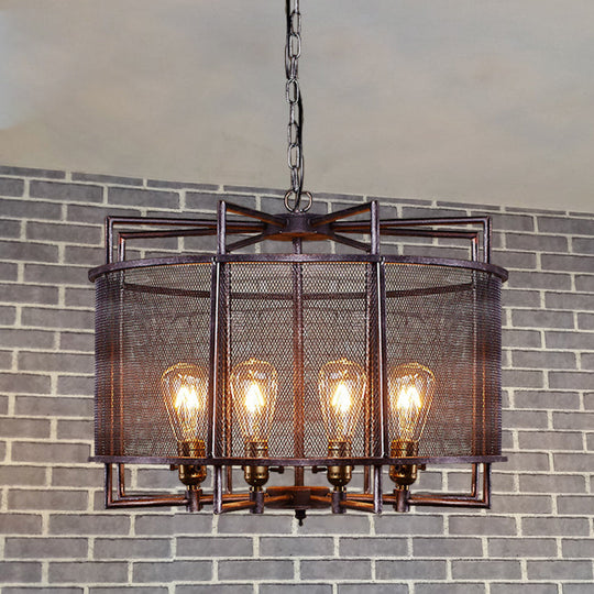 Rustic Metal Mesh Drum Chandelier - Loft Farmhouse Hanging Lamp