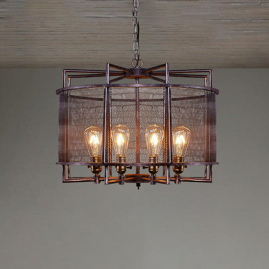 Rustic Metal Mesh Drum Chandelier - Loft Farmhouse Hanging Lamp