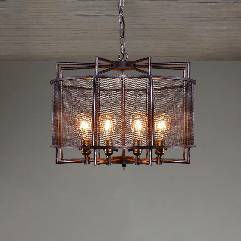 Rustic Loft Metal Mesh Drum Chandelier - Farmhouse Hanging Lamp With Multi Lighting In Rust