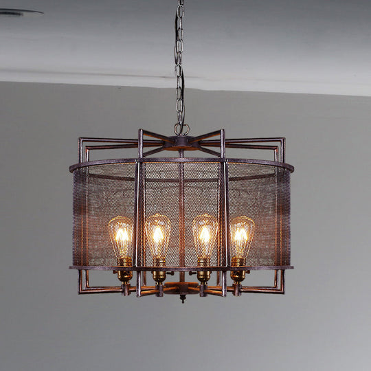 Rustic Loft Metal Mesh Drum Chandelier - Farmhouse Hanging Lamp With Multi Lighting In Rust