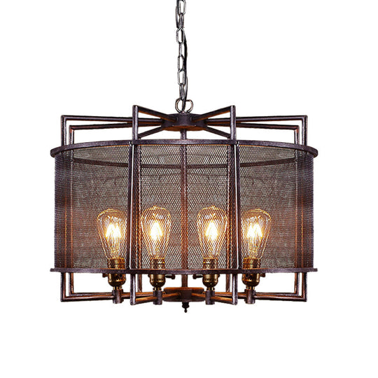 Rustic Metal Mesh Drum Chandelier - Loft Farmhouse Hanging Lamp