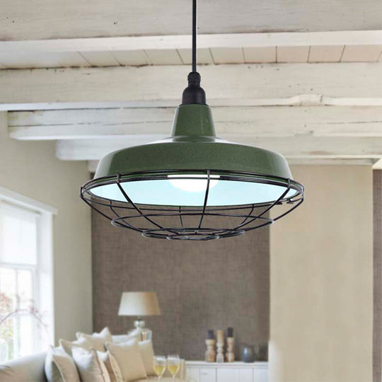 Farmhouse Metal Barn Hanging Ceiling Light - Green/Red Pendant with Wire Guard