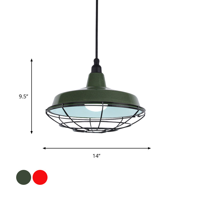 Farmhouse Metal Barn Hanging Ceiling Light - Green/Red Pendant with Wire Guard