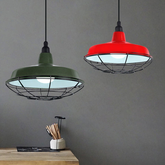 Farmhouse Metal Barn Hanging Ceiling Light - Green/Red Pendant with Wire Guard