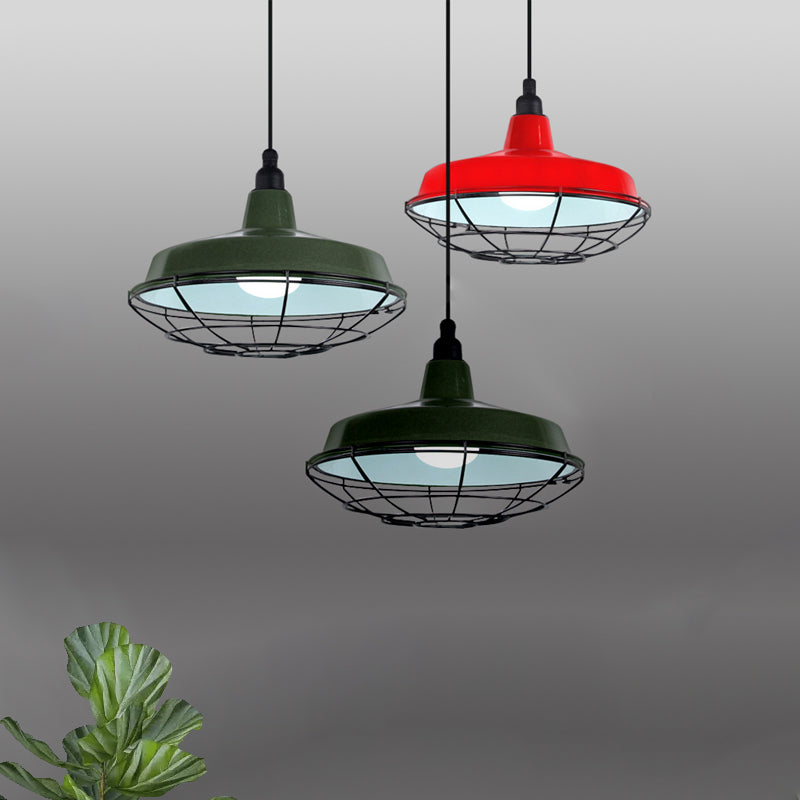 Farmhouse Metal Barn Hanging Ceiling Light - Green/Red Pendant with Wire Guard