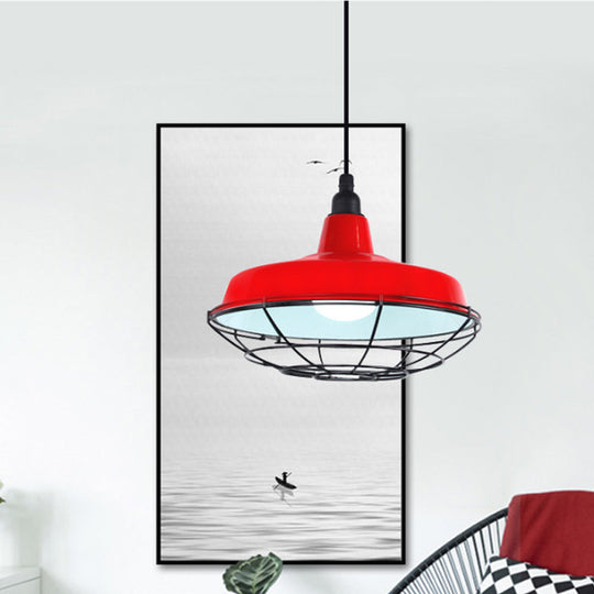 Barn Indoor Hanging Ceiling Light With Wire Guard - Farmhouse Metal Pendant (Green/Red) Red