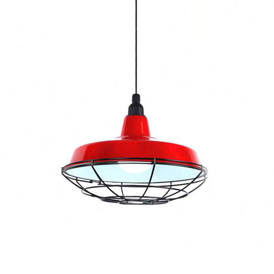 Barn Indoor Hanging Ceiling Light With Wire Guard - Farmhouse Metal Pendant (Green/Red)