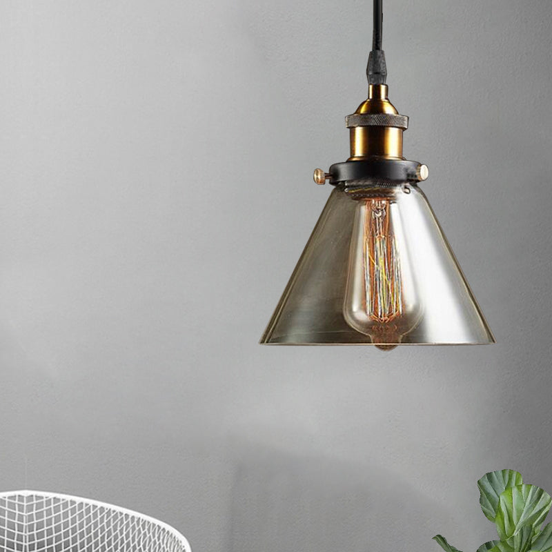 Industrial Brass Smoked Glass Cone Pendant Lighting Fixture - 1-Light Hanging Ceiling Light