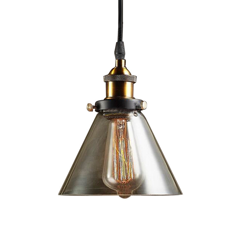 Industrial Brass Smoked Glass Cone Pendant Lighting Fixture - 1-Light Hanging Ceiling Light