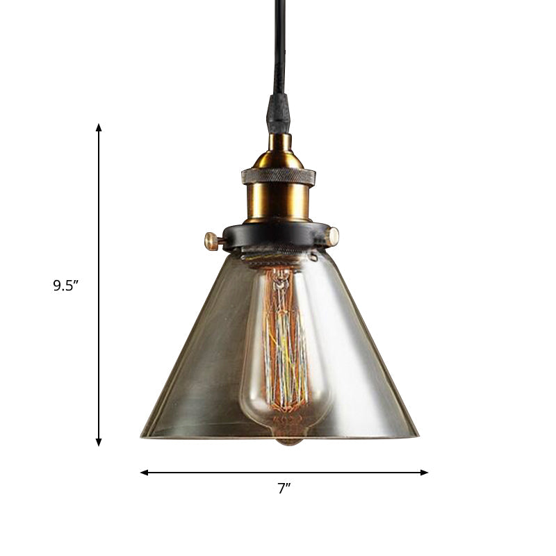 Industrial Brass Smoked Glass Cone Pendant Lighting Fixture - 1-Light Hanging Ceiling Light