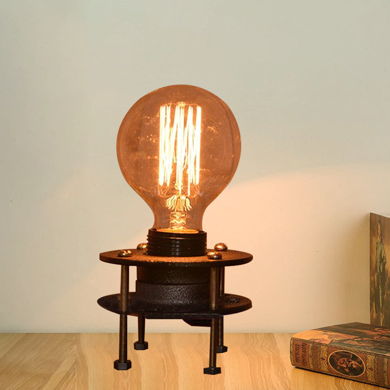 Farmhouse Mini Table Lamp - Industrial Wrought Iron Standing Light With Bare Bulb In Black