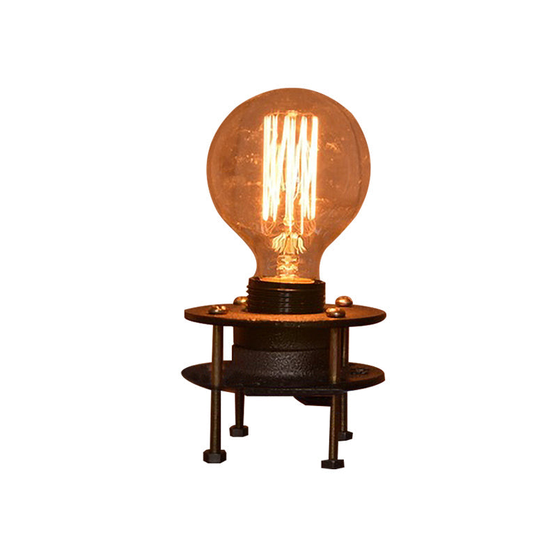 Farmhouse Mini Table Lamp - Industrial Wrought Iron Standing Light With Bare Bulb In Black