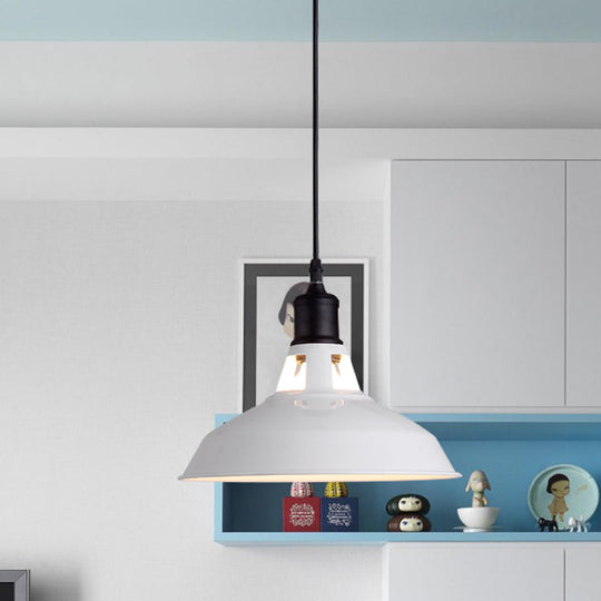 Retro Metal Barn Pendant Light With Adjustable Cord - White 1 Bulb Suspended Ceiling Lampshade