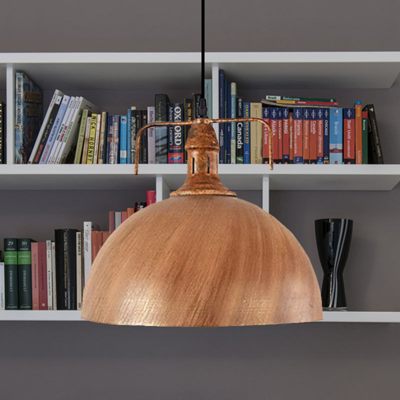 Antique Style Bronze/Wood Finish Wrought Iron Pendant Lamp for Warehouse - Domed Suspension Light w/ 1 Bulb