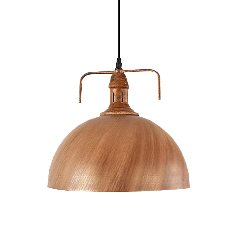 Antique Style Bronze/Wood Finish Wrought Iron Pendant Lamp for Warehouse - Domed Suspension Light w/ 1 Bulb