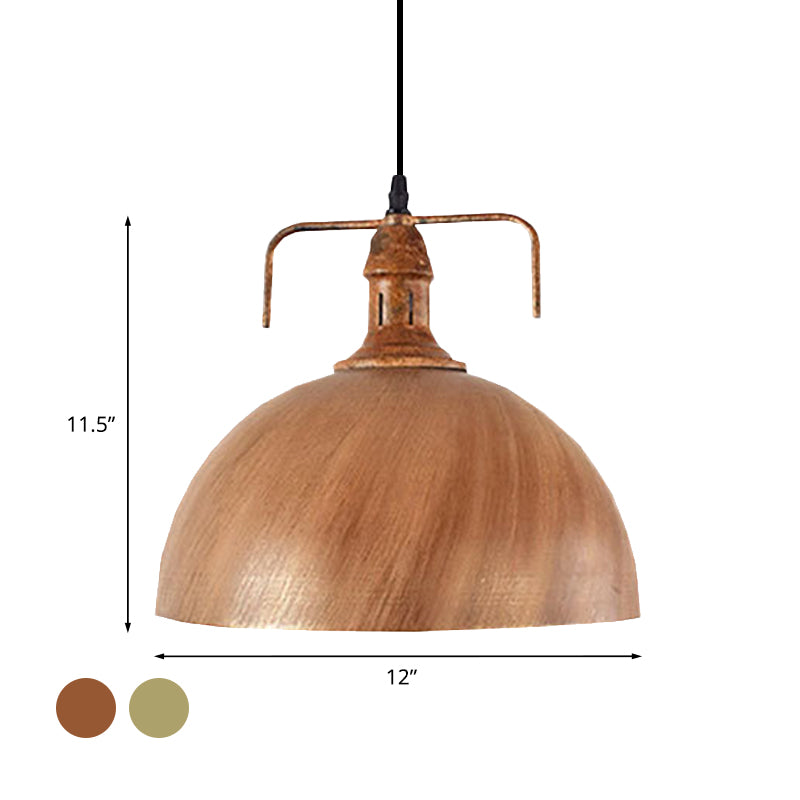 Antique Style Bronze/Wood Finish Wrought Iron Pendant Lamp for Warehouse - Domed Suspension Light w/ 1 Bulb