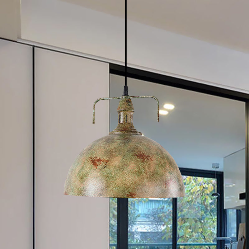 Antique Style Bronze/Wood Finish Wrought Iron Pendant Lamp Domed Suspension Light For Warehouse