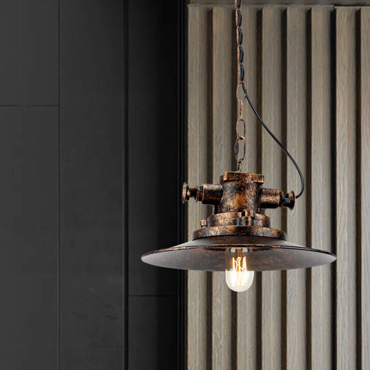 Antique Bronze Farmhouse Pendant Light - Wrought Iron with Flat Shade, 1 Light for Restaurants