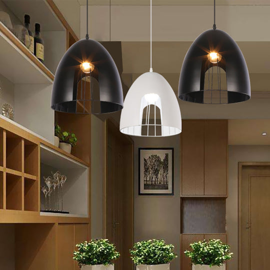 Metallic Bell Ceiling Light with Cage Shade - Industrial Pendant Light in White/Black