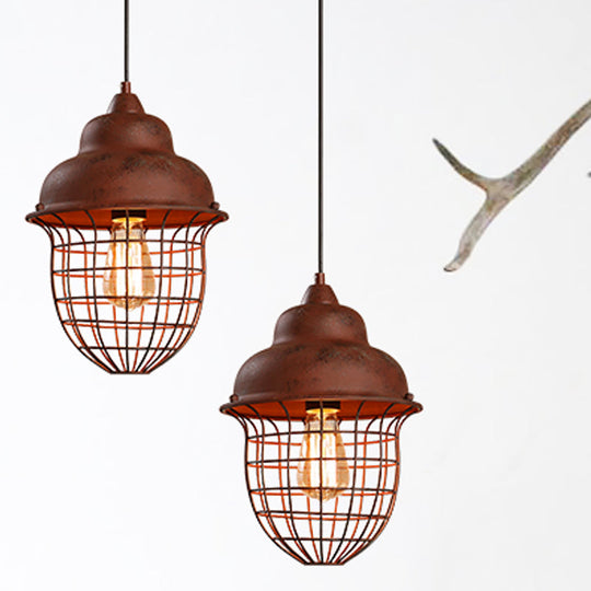 Double Bubble Pendant Light With Urn Cage Shade - Antique Style Rust Iron Hanging Lamp