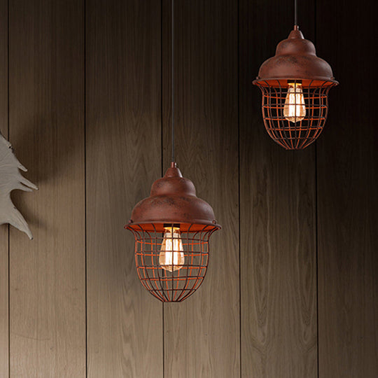 Double Bubble Pendant Light With Urn Cage Shade - Antique Style Rust Iron Hanging Lamp