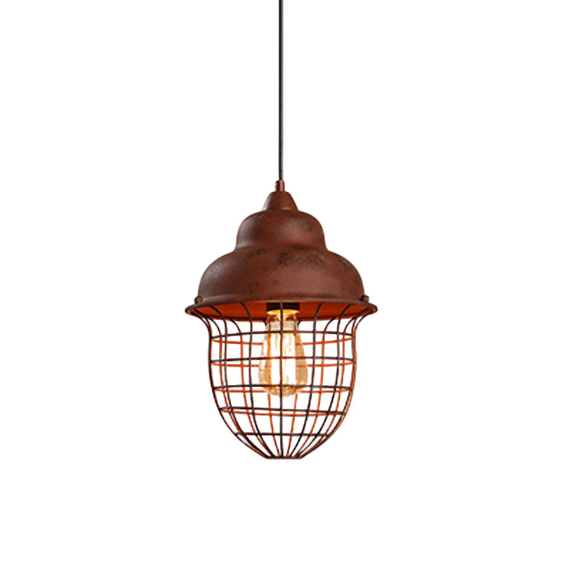 Double Bubble Pendant Light With Urn Cage Shade - Antique Style Rust Iron Hanging Lamp