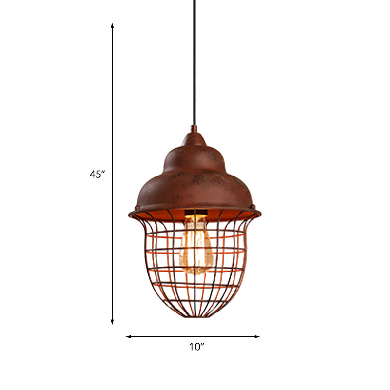 Antique Rust Iron Pendant Lamp with Double Bubble and Urn Cage Shade