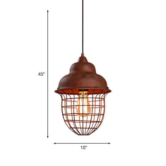 Antique Rust Iron Pendant Lamp with Double Bubble and Urn Cage Shade