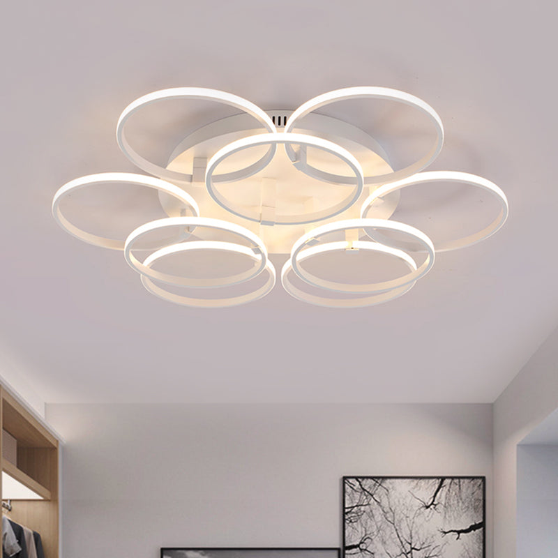 Minimalist Acrylic Semi Flush Ceiling Light for Living Room - Multi Ring Design, 3/9/12 Lights, White