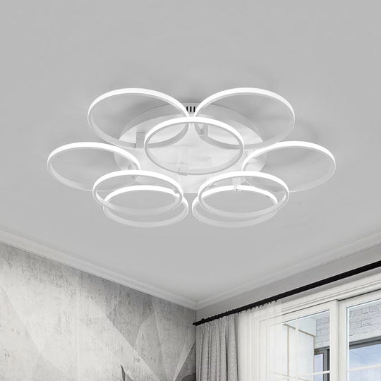 Minimalist Acrylic Semi Flush Ceiling Light for Living Room - Multi Ring Design, 3/9/12 Lights, White