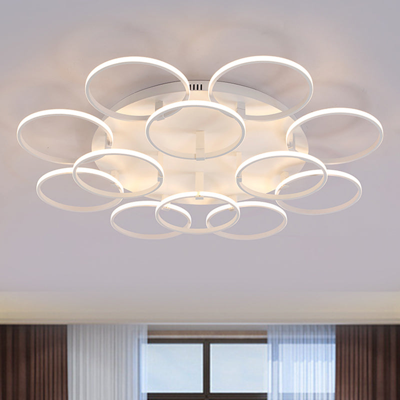 Minimalist Acrylic Semi Flush Ceiling Light for Living Room - Multi Ring Design, 3/9/12 Lights, White