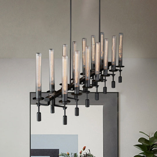 Modern Black/Brass/Nickel Tube Island Chandelier - Multi-Light Fluted Glass Led Hanging Lamp With