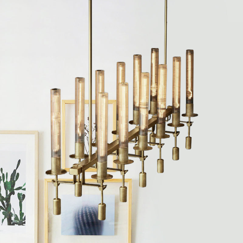 Modern Black/Brass/Nickel Tube Island Chandelier - Multi-Light Fluted Glass Led Hanging Lamp With