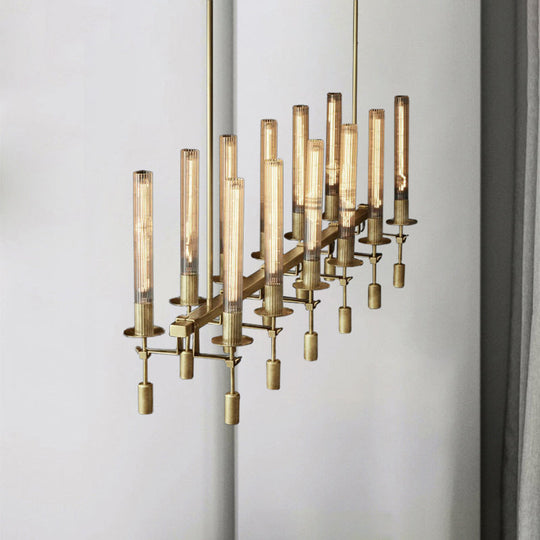 Modern Black/Brass/Nickel Tube Island Chandelier - Multi-Light Fluted Glass Led Hanging Lamp With