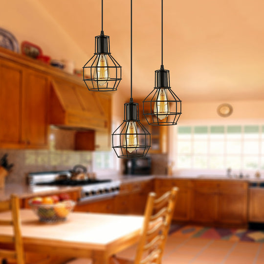 Vintage Metallic Pendant Lighting With Global Cage Shade - 3/7 Heads Hanging Lamp Black 3 /