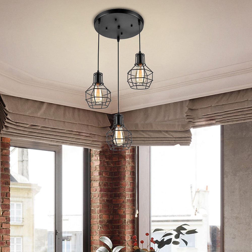 Vintage Global Cage Shade Pendant Lighting with Metallic Finish - 3/7 Heads Hanging Lamp in Black