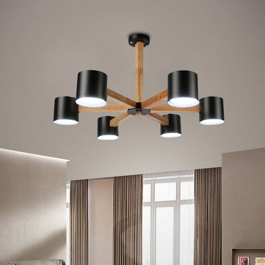 Nordic Style Wood And Iron Drum Shade Chandelier Pendant Light For Study Room In Black/White