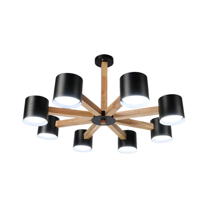 Nordic Style Wood And Iron Drum Shade Chandelier Pendant Light For Study Room In Black/White