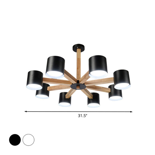 Nordic Style Wood And Iron Drum Shade Chandelier Pendant Light For Study Room In Black/White