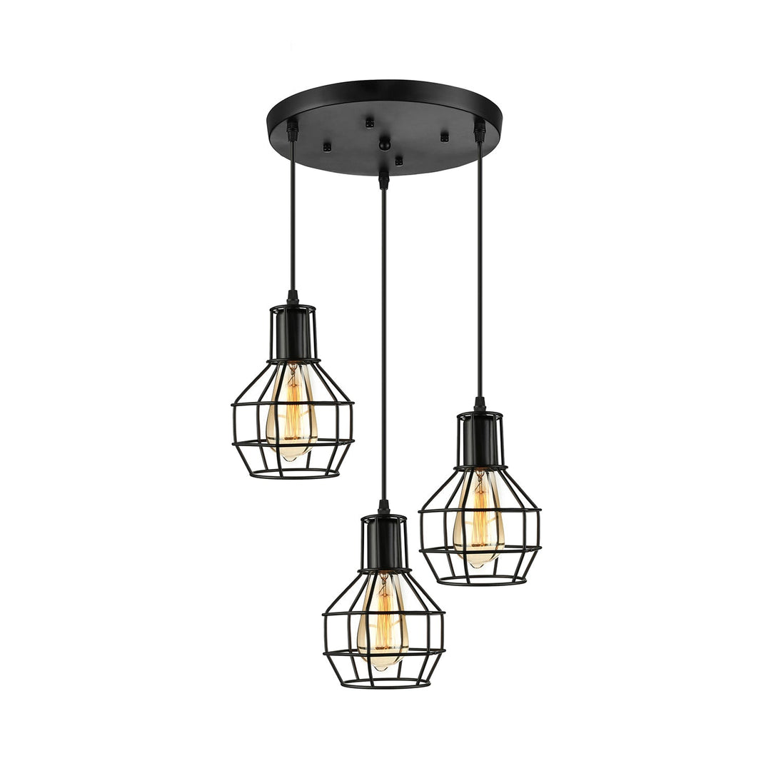 Vintage Global Cage Shade Pendant Lighting with Metallic Finish - 3/7 Heads Hanging Lamp in Black