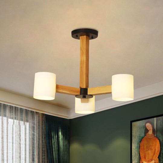 Japanese Style Pendant Chandelier with White Glass Shade and Wood Accents for Bedroom Lighting