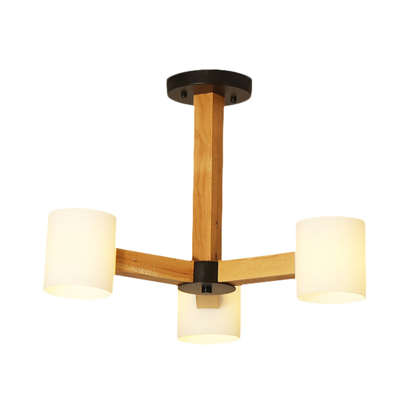 Stylish Japanese Glass & Wood Bedroom Pendant Chandelier With White Cylindrical Shade